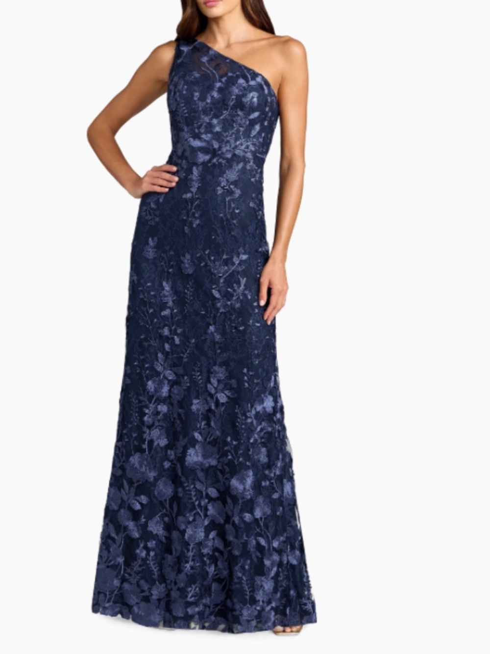Mac Duggal One shoulder lace embroidered gown in midnight, Size 12